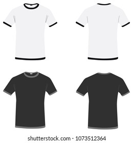 Simple white, grey and black vector T-shirts, front and back isolated on white background