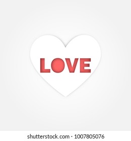 Simple white heart with Red love word on white background for valentine concept idea