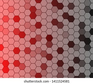 Simple white hexagon pattern in different transparencies on a red and black gradient background. Simple polygon vector background