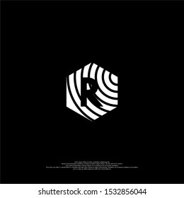 simple white hexagon R logotype with line print pattern isolated on black background vector illustration design concept