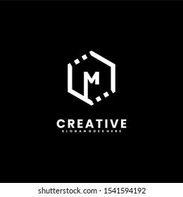 simple white hexagonal modern M logotype isolated on black background.