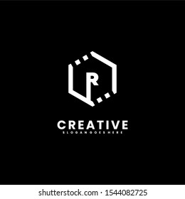 simple white hexagonal modern R logotype isolated on black background.