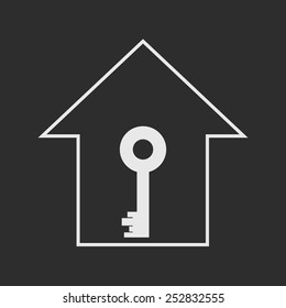 Simple white house with key on dark grey background. Real estate, privacy or mortgage symbol