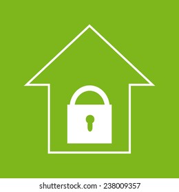 Simple white house with lock on green background. House security