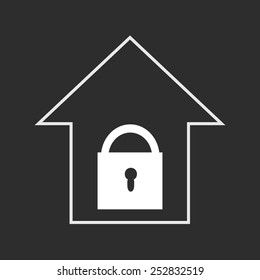 Simple white house with lock on dark grey background. House security
