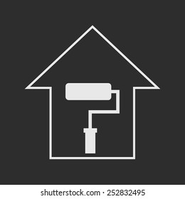 Simple white house with paddle roller on dark grey background. Repair symbol
