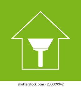 Simple white house with paint scraper on green background. Repair symbol