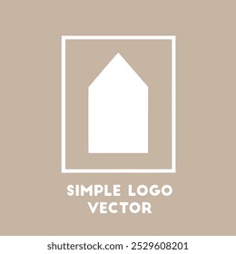 A simple white house shape logo design with a white square frame on a tan background.