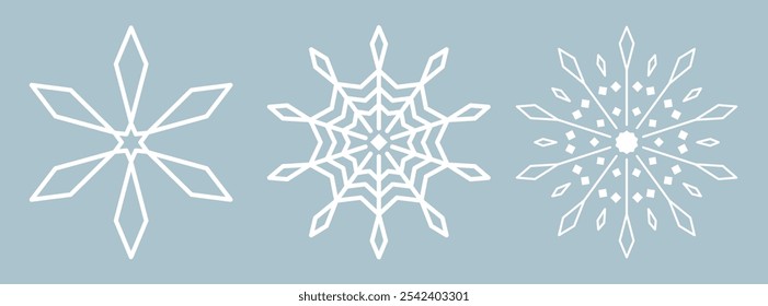 Simple white ice snowflake on blue background. Snowflake icons set. Crystals, Christmas, new year. Winter symbol.