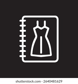 Simple white icon of a dress design inside a sketchbook. Ideal for fashion design, dressmaking, illustration and creative projects. Minimalist design on a black background.