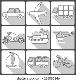 Simple White Icons of Transport with Long Shadows, Vector Illustration