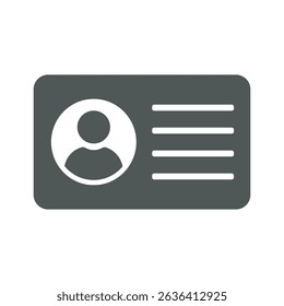 Icono blanco simple de la tarjeta de identificación en un fondo gris oscuro. Incluye símbolo de perfil y líneas de texto. Ideal para diseños relacionados con el acceso, el usuario o el Inicio de sesión.