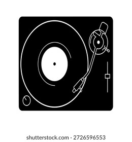 Ilustración blanca simple de un reproductor de discos sobre un fondo negro, con un disco de vinilo y un brazo.