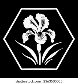 Simple white iris flower logo on isolated black background