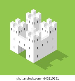 Simple white isometric castle on green background with shadow. Security and real estate concept. Flat design. EPS 8 compatible vector illustration, no transparency, no gradients