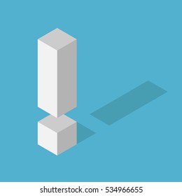 Simple white isometric exclamation mark with shadow on blue background. Attention, danger, and warning concept. Flat design. Vector illustration. EPS 8, no transparency