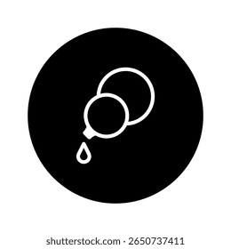 Simple white line art icon representing dropper with liquid within black circle background application