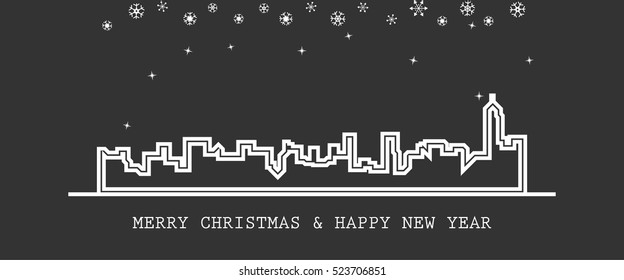 Simple White line of city landscapes with snowflake in vector illustration on grey background