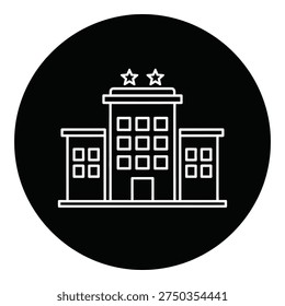 Simple white line drawing of building with two stars on top in circle icon