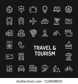 Simple white line icons isolated over black background related to travel, tourism, vacation and recreation. Vector signs and symbols collections for website and design template..