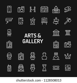 Simple white line icons isolated over black background related to arts gallery and historical museum. Vector signs and symbols collections for website and design template.