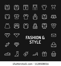 Simple white line icons isolated over black background related to clothes and other wearable accessories. Vector signs and symbols collections for website and design template.