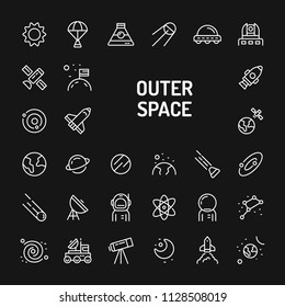 Simple white line icons isolated over black background related to planets, galaxy, solar system and space vehicles. Vector signs and symbols collections for website and design template.