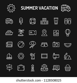 Simple white line icons isolated over black background related to summer vacation and beach. Vector signs and symbols collections for website and design template.