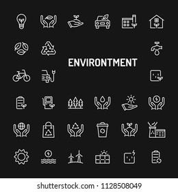 Simple white line icons isolated over black background related to eco-friendly environment. Vector signs and symbols collections for website and design template.