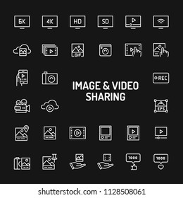 Simple white line icons isolated over black background related to video & image sharing. Vector signs and symbols collections for website and design template.