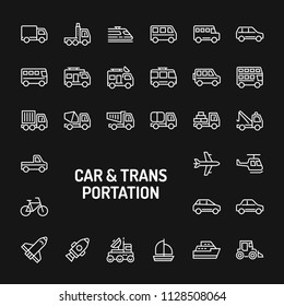 Simple white line icons isolated over black background related to cars & transportations. Vector signs and symbols collections for website and design template.