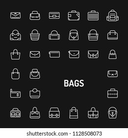 Simple white line icons isolated over black background related to bags, pouches and suitcase for fashion. Vector signs and symbols collections for website and design template.