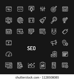 Simple white line icons isolated over black background related to Search Engine Optimisation (SEO). Vector signs and symbols collections for website and design template.
