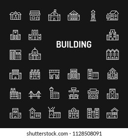 Simple white line icons isolated over black background related to buildings, architectures & structures. Vector signs and symbols collections for website and design template.