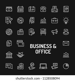 Simple white line icons isolated over black background related to business & Office. Vector signs and symbols collections for website and design template.