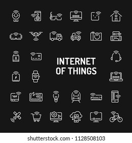Simple white line icons isolated over black background related to internet of things (IoT). Vector signs and symbols collections for website and design template.
