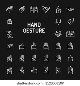 Simple white line icons isolated over black background related to hand gestures and actions. Vector signs and symbols collections for website and design template.