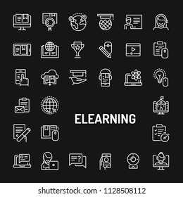 Simple white line icons isolated over black background related to Electronic media learning & online training. Vector signs and symbols collections for website and design template.