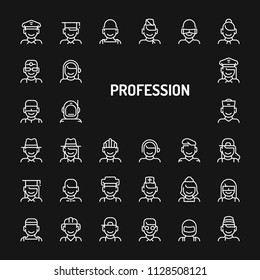 Simple white line icons isolated over black background related to professions, occupations & employments. Vector signs and symbols collections for website and design template.