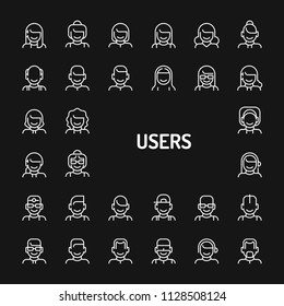 Simple white line icons isolated over black background related to users, avatars and profile pictures. Vector signs and symbols collections for website and design template.