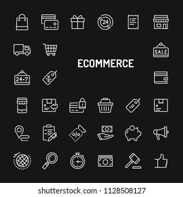 Simple white line icons isolated over black background related to business trade and e-commerce. Vector signs and symbols collections for website and design template.