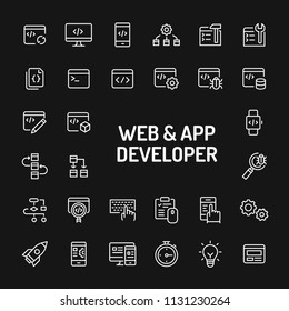 Simple white line icons isolated over black background related to website and app developer. Vector signs and symbols collections for website and design template.