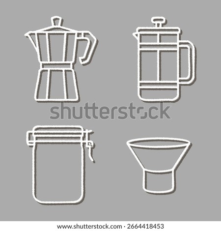 Simple white line icons on gray showing a moka pot a french press a storage jar and a funnel for coffee making.