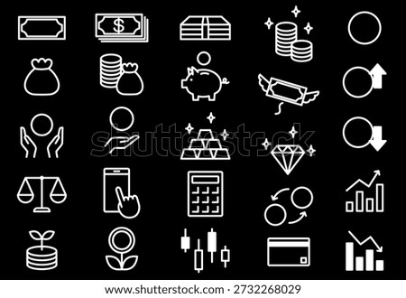 Simple White Line Money Icon Set on Black Background Without Currency Symbol