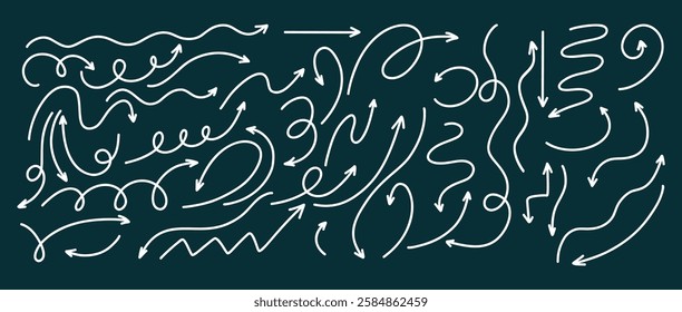 Simple White linear Directional Arrows Doodles on Dark Background. Lines Sign Directions Right Left Down Curved Backward Collection. Isolated Vector Hand Drawn. Concept pointer symbols