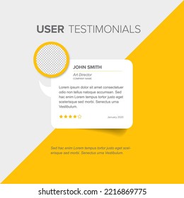 Simple white minimalistic client user customer testimonial review card layout template with photo placeholder and sample, message in rounded speech bubble