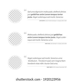 Simple white minimalistic testimonial review section layout template with three testimonials, photo placeholders and quotes