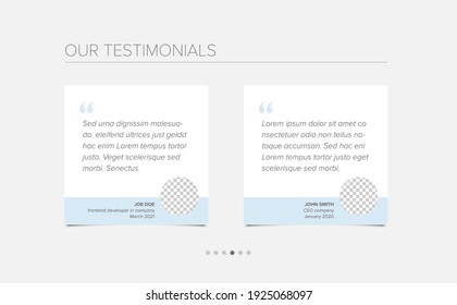 Simple white minimalistic testimonial review section layout template with two testimonials, testimonial photo placeholders, quotes and blue color accent