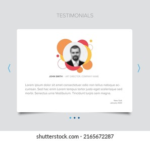 Simple white minimalistic testimonial review card layout template with photo placeholder and sample, message and navifation accordion buttons