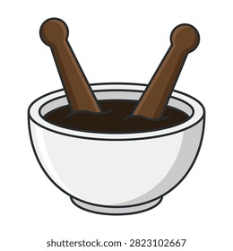 A simple white mortar and pestle containing a thick dark herbal or chemical mixture. This clean kitchen and laboratory tool is perfect for cooking or medicine.